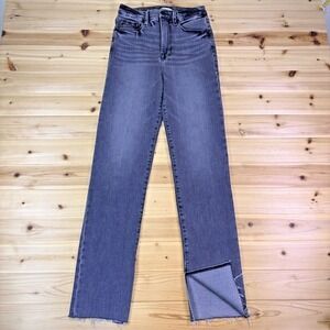 Good American Jeans Womens 2 Black Wash Straight Leg Slit Cuff Raw Hem Denim